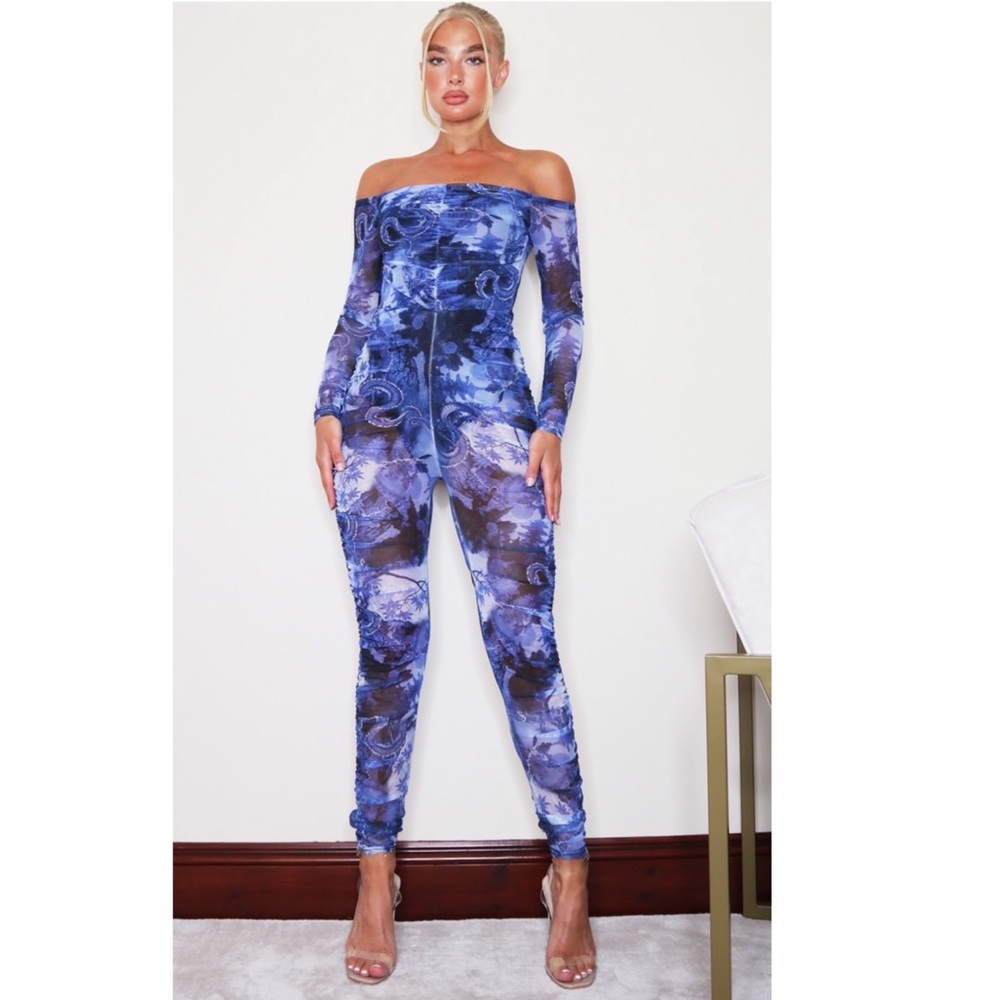 Blue Oriental Mesh Jumpsuit
